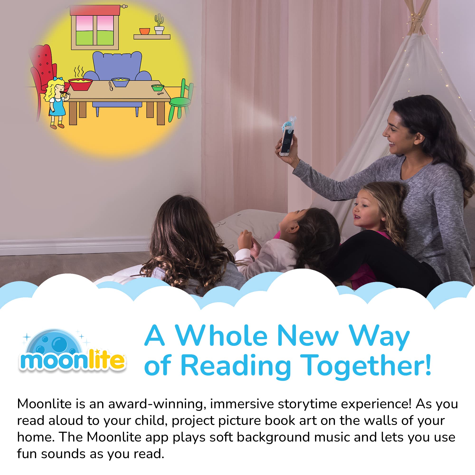 Moonlite Storytime Mini Projector presents Tortoise and Hare visuals for lively storytelling.