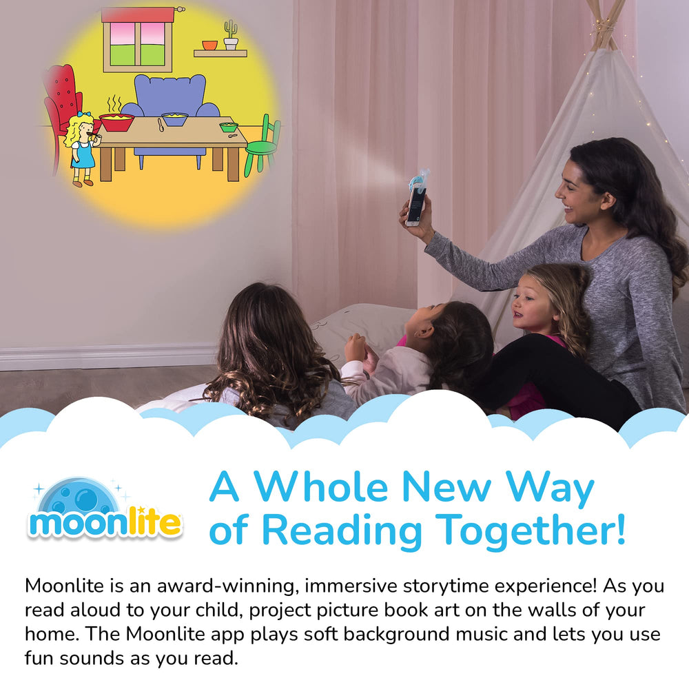 Moonlite Storytime Mini Projector presents Tortoise and Hare visuals for lively storytelling.