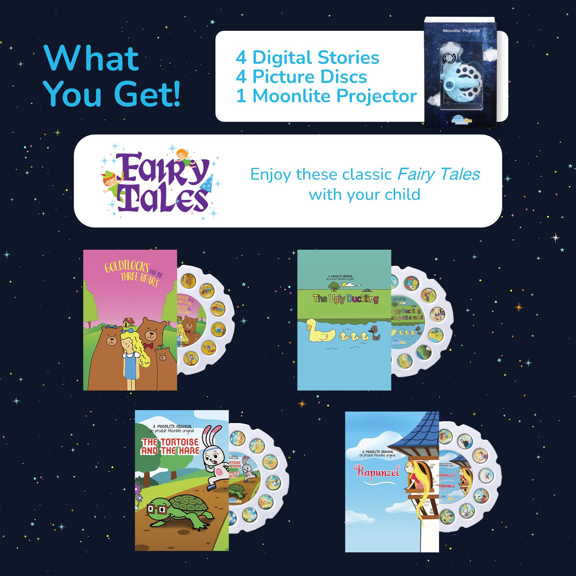 Moonlite Storytime Mini Projector is travel-ready and compact for on-the-go stories.