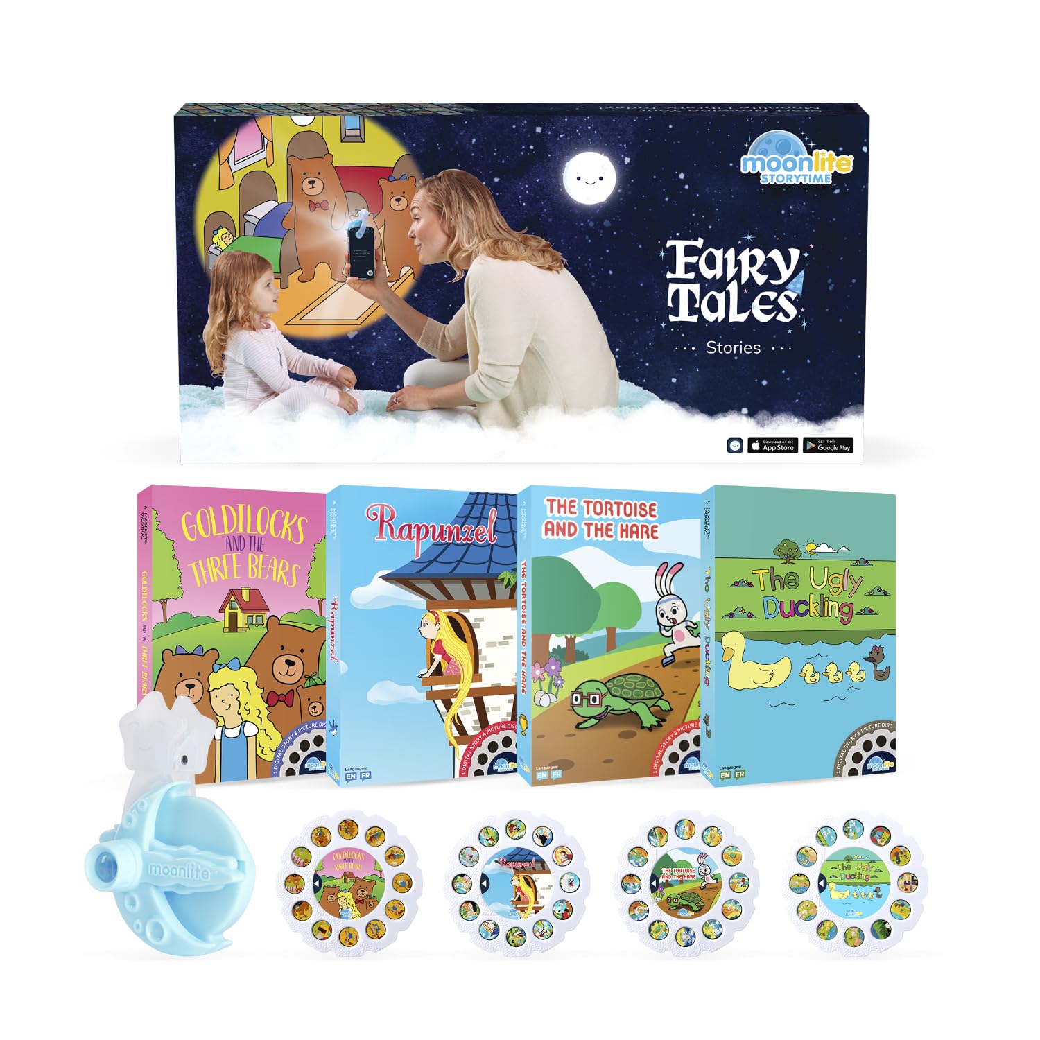 Moonlite Storytime Mini Projector displays Ugly Duckling projection for interactive bedtime reading.