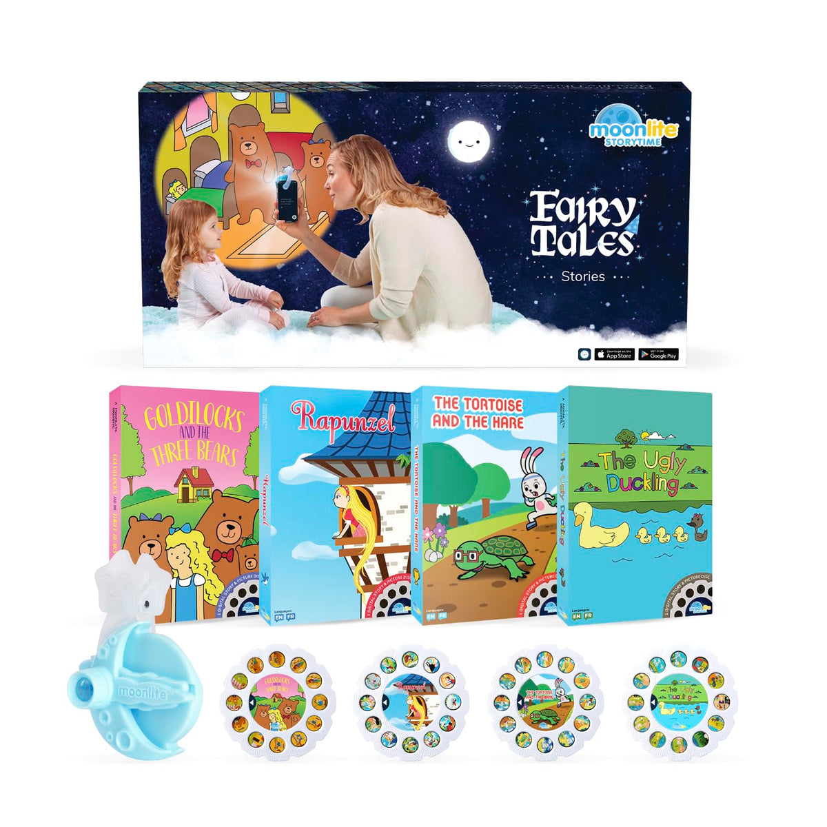 Moonlite Storytime Mini Projector displays Ugly Duckling projection for interactive bedtime reading.