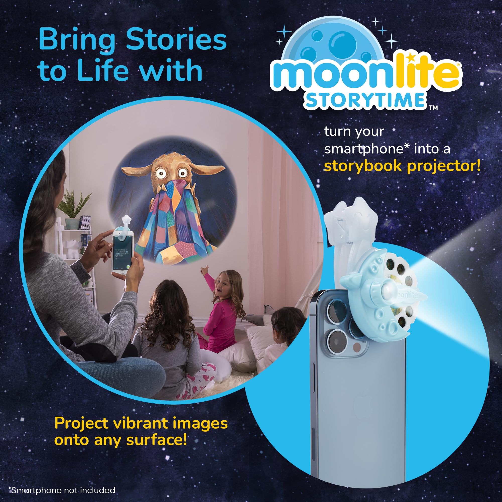 Moonlite Storytime Mini wall projection demo showing shared reading moment
