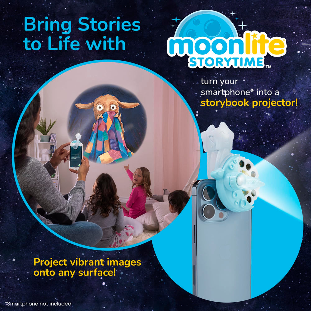 Moonlite Storytime Mini wall projection demo showing shared reading moment