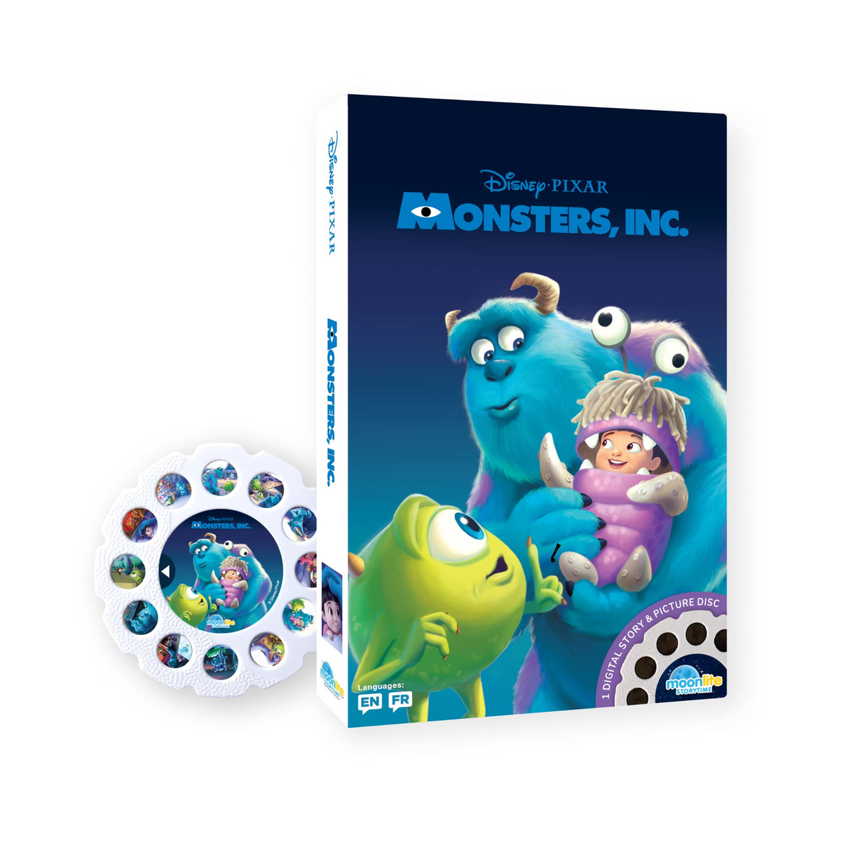 Moonlite Storytime Monsters Inc disc projection on wall for immersive reading.