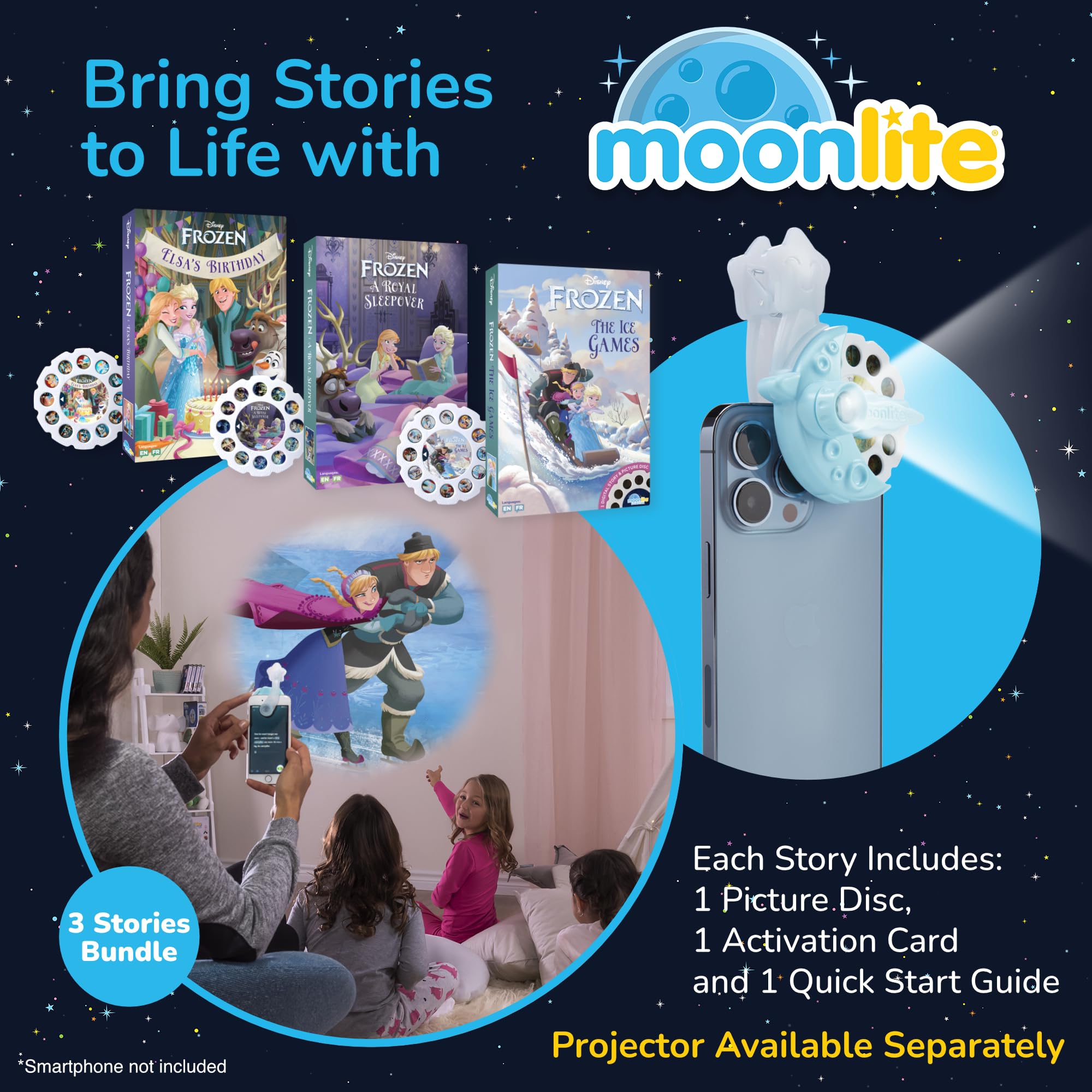 Moonlite Storytime Reels with child reading Frozen story for language development.