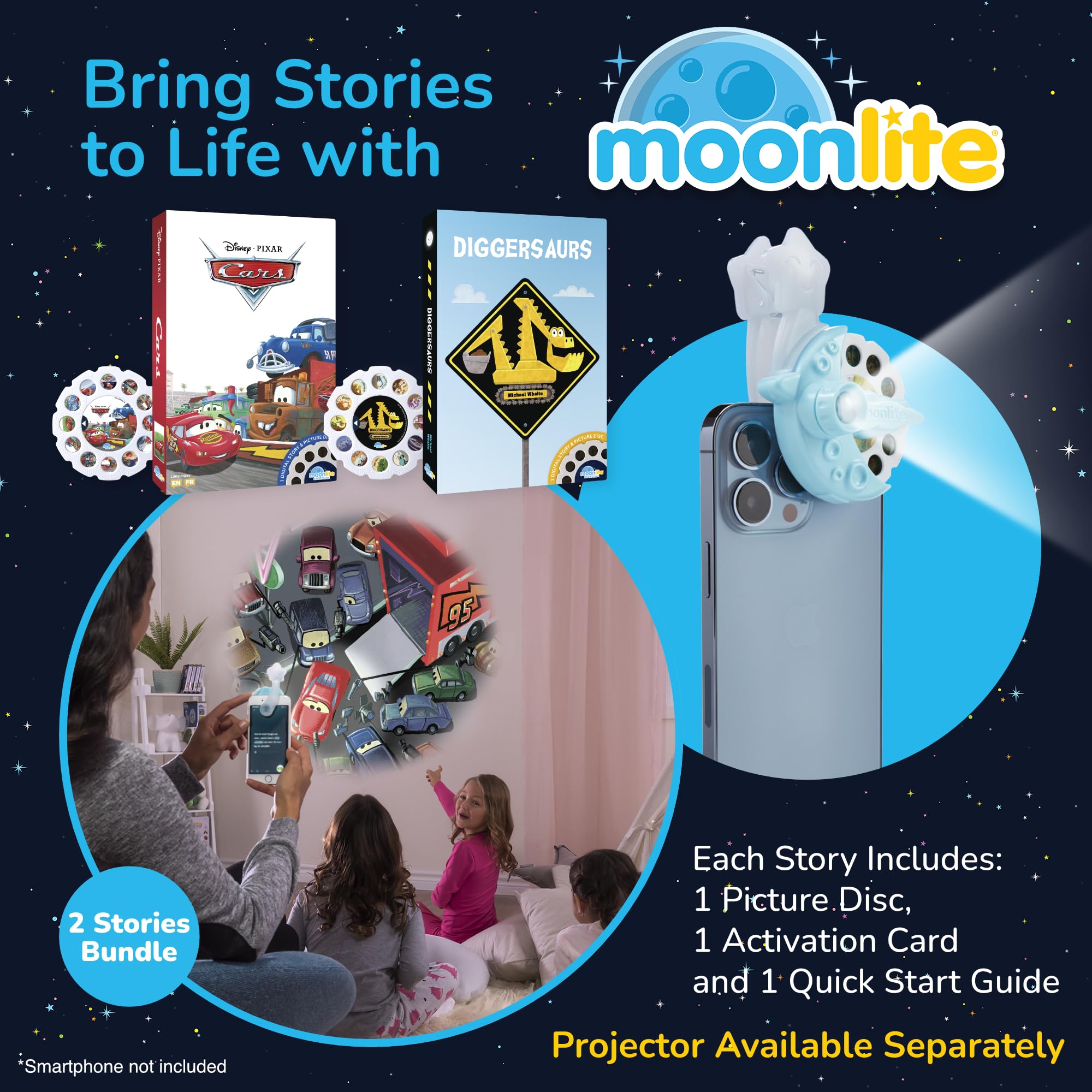 Moonlite Storytime Reels wall projection showing vivid imagery for on-wall storytelling.