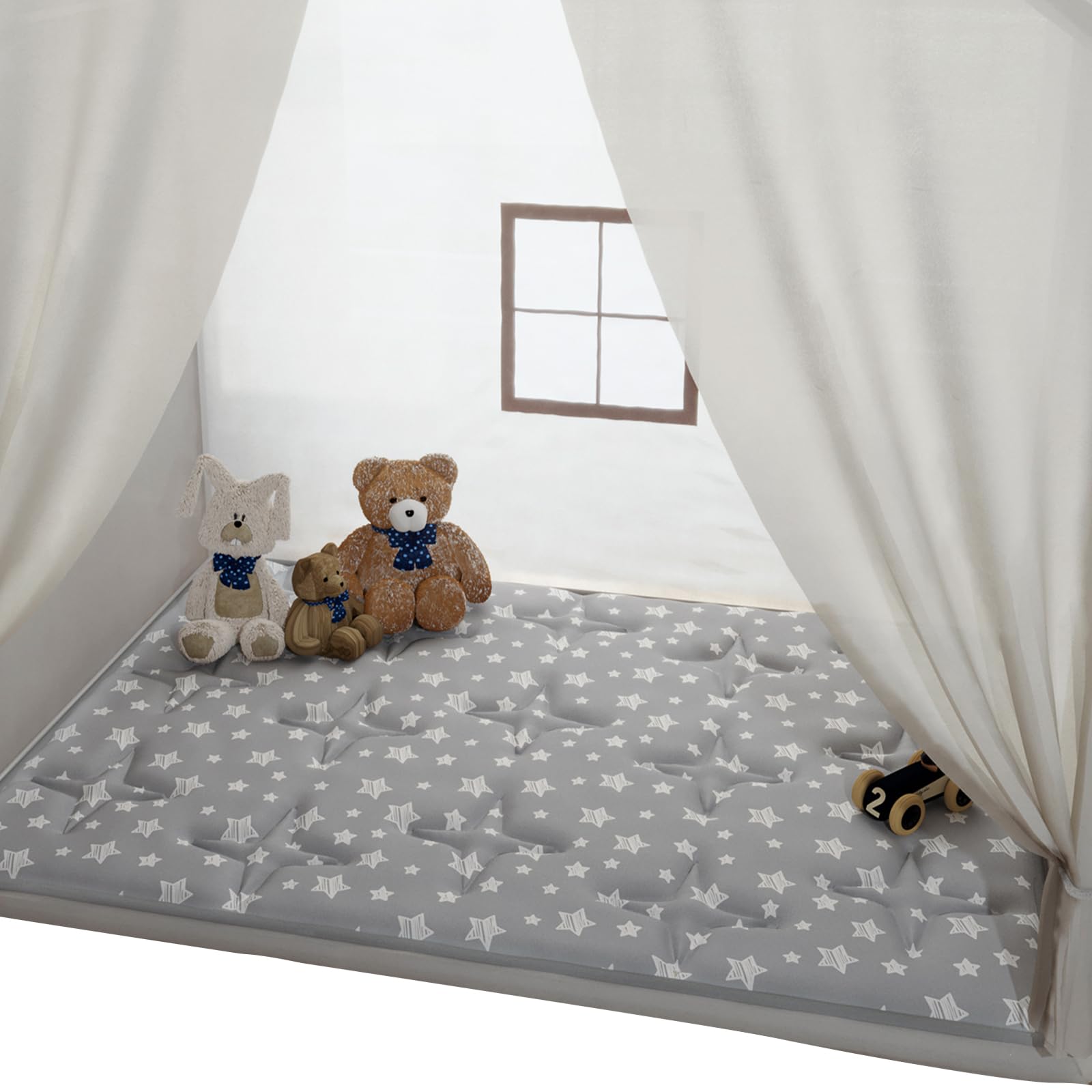 Moonsea star-print rectangle play mat shown laid out for imaginative play