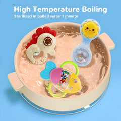 MOONTOY bear rattle teether provides varied textures for sensory development