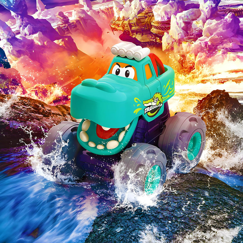 Bright MOONTOY monster trucks captivate kids during pretend jungle adventures
