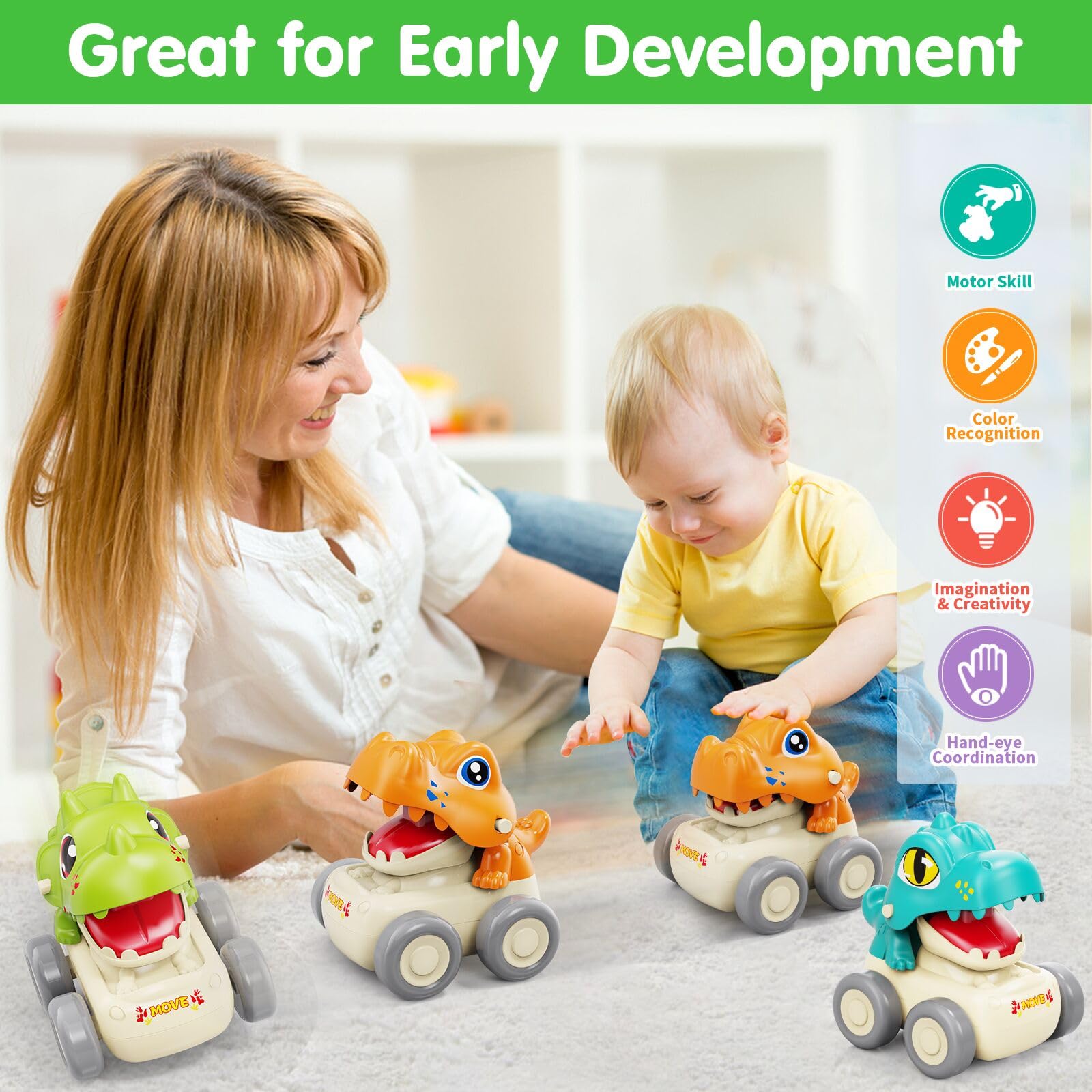 MOONTOY dinosaur car side view shows compact size for small hands