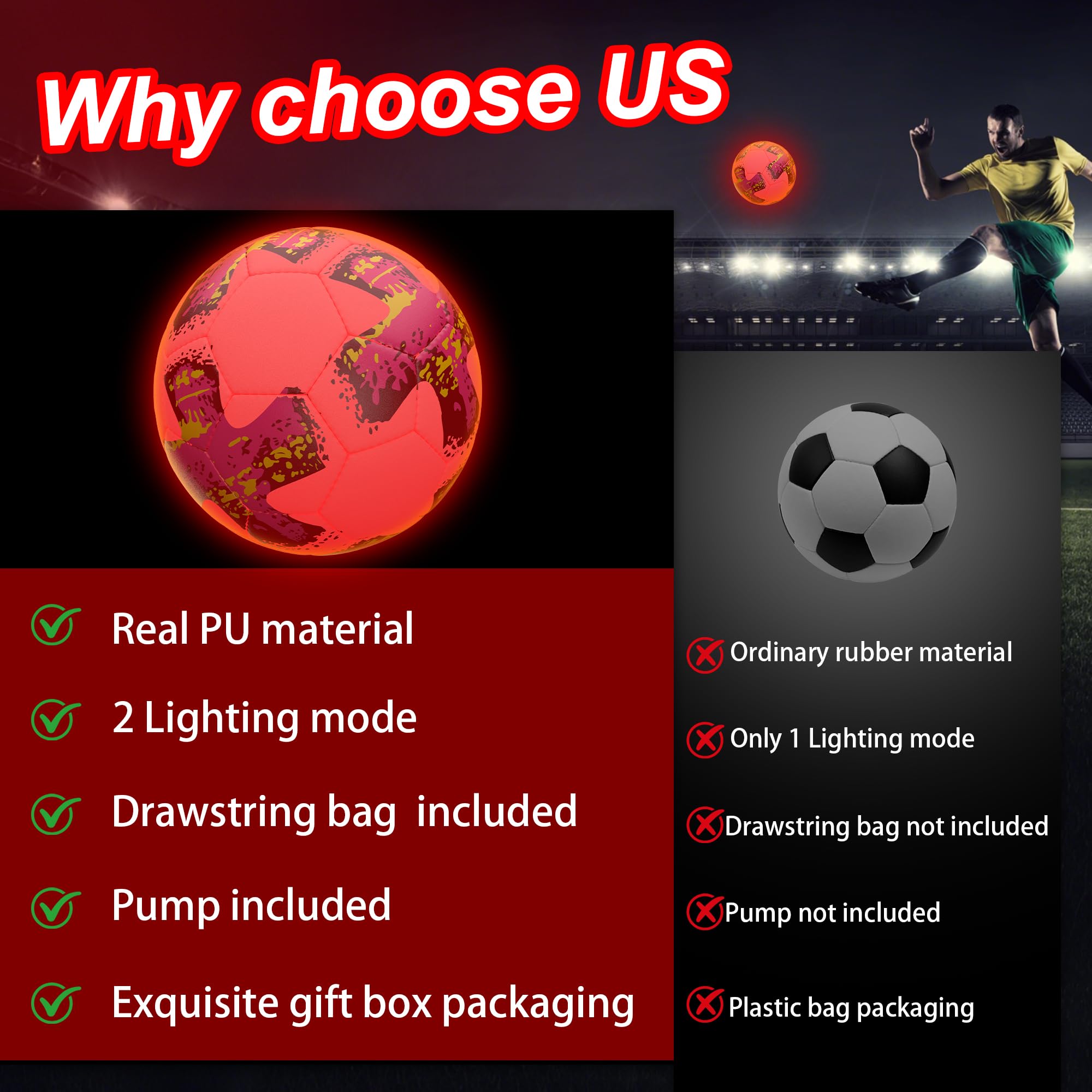 MOONTOY light-up soccer ball close-up shows LED glow effects
