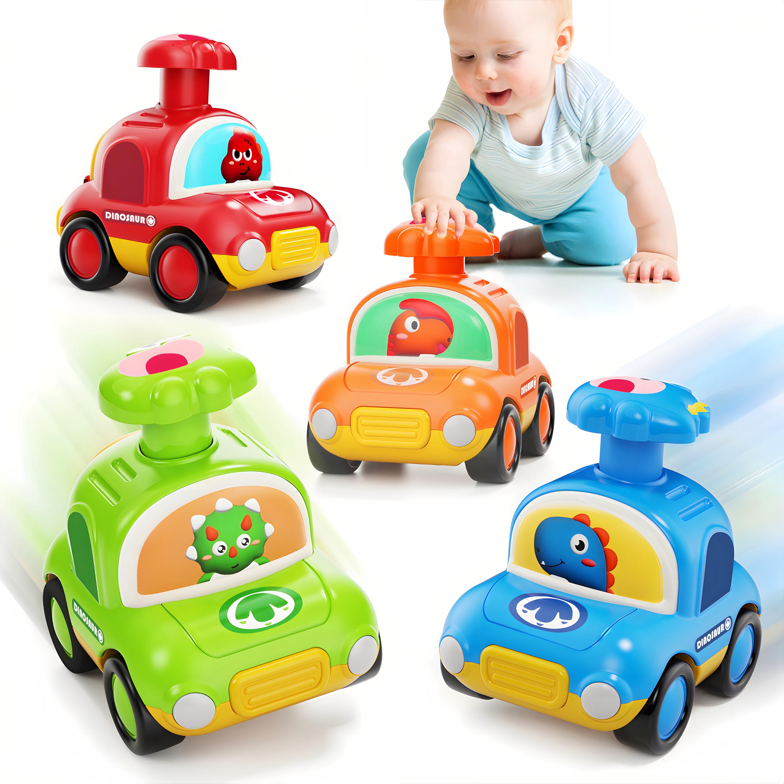 MOONTOY Press Go Dinosaur Car yellow battery-free fun for toddlers.