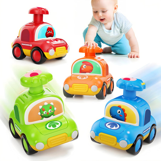 MOONTOY Press Go Dinosaur Car yellow battery-free fun for toddlers.