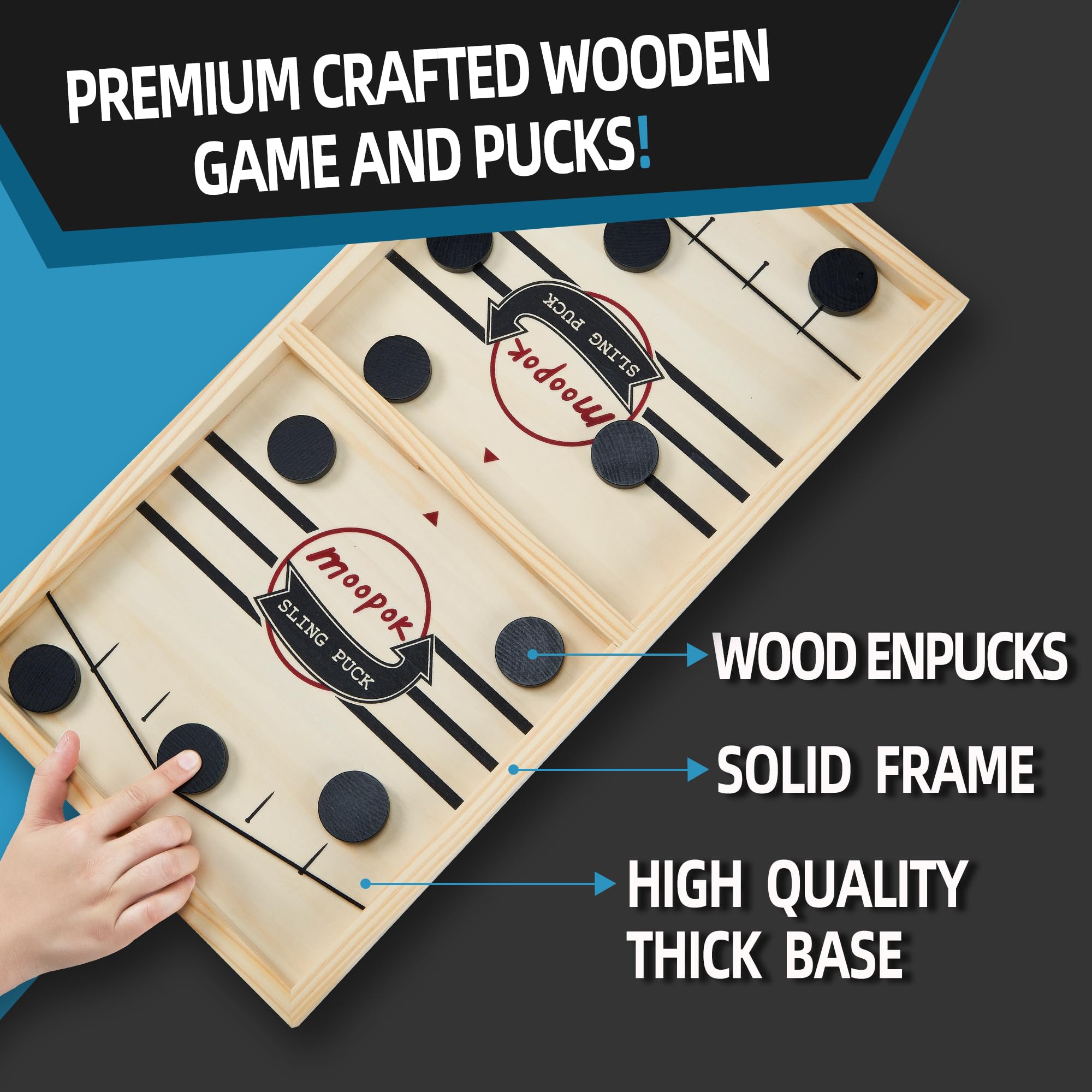 Moopok fast sling puck game pucks and elastic bands included.