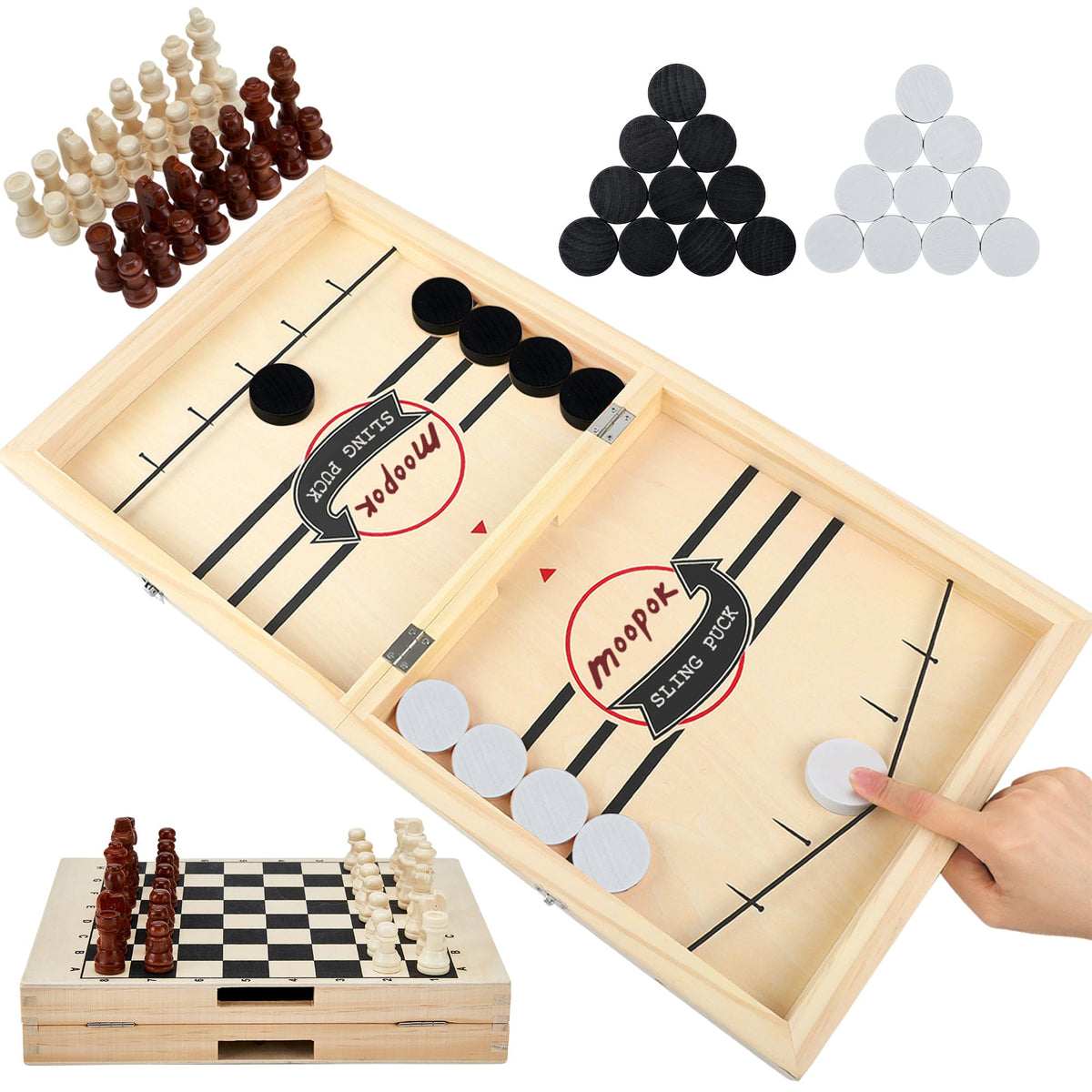 Moopok fast sling puck game hockey board in action for family fun.