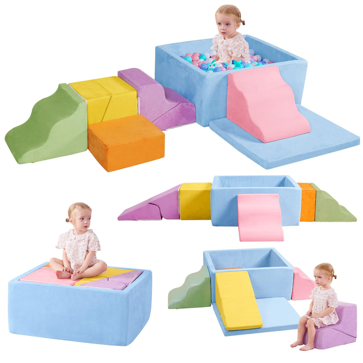 MOOZHEALTH foam climbing blocks beside a soft ball pool for safe, imaginative play.