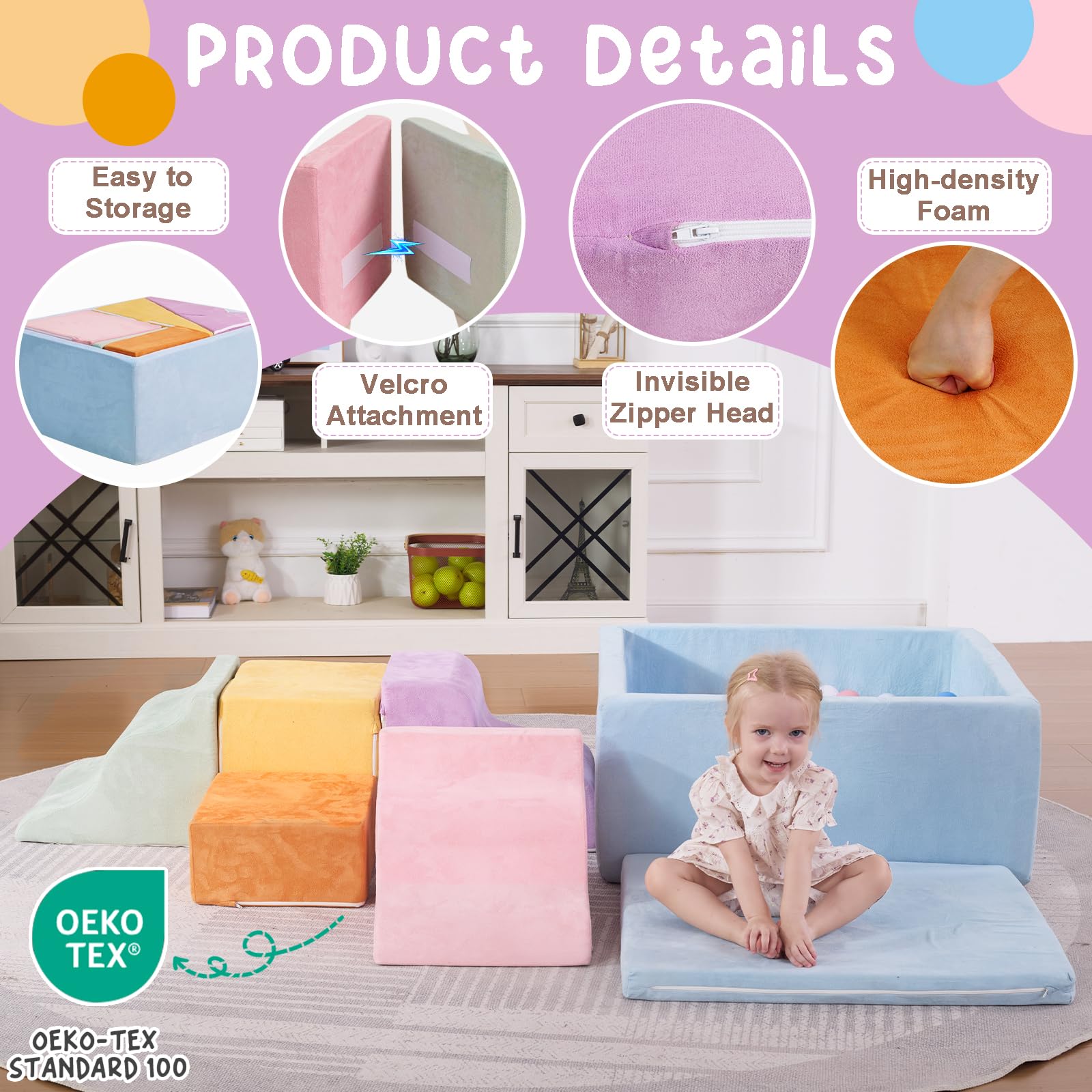 MOOZHEALTH cube block with integrated storage for tidy play areas.