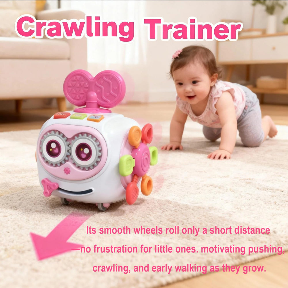 MoraBaby Busy Cube featuring pull-silicone-ropes for tactile feedback.