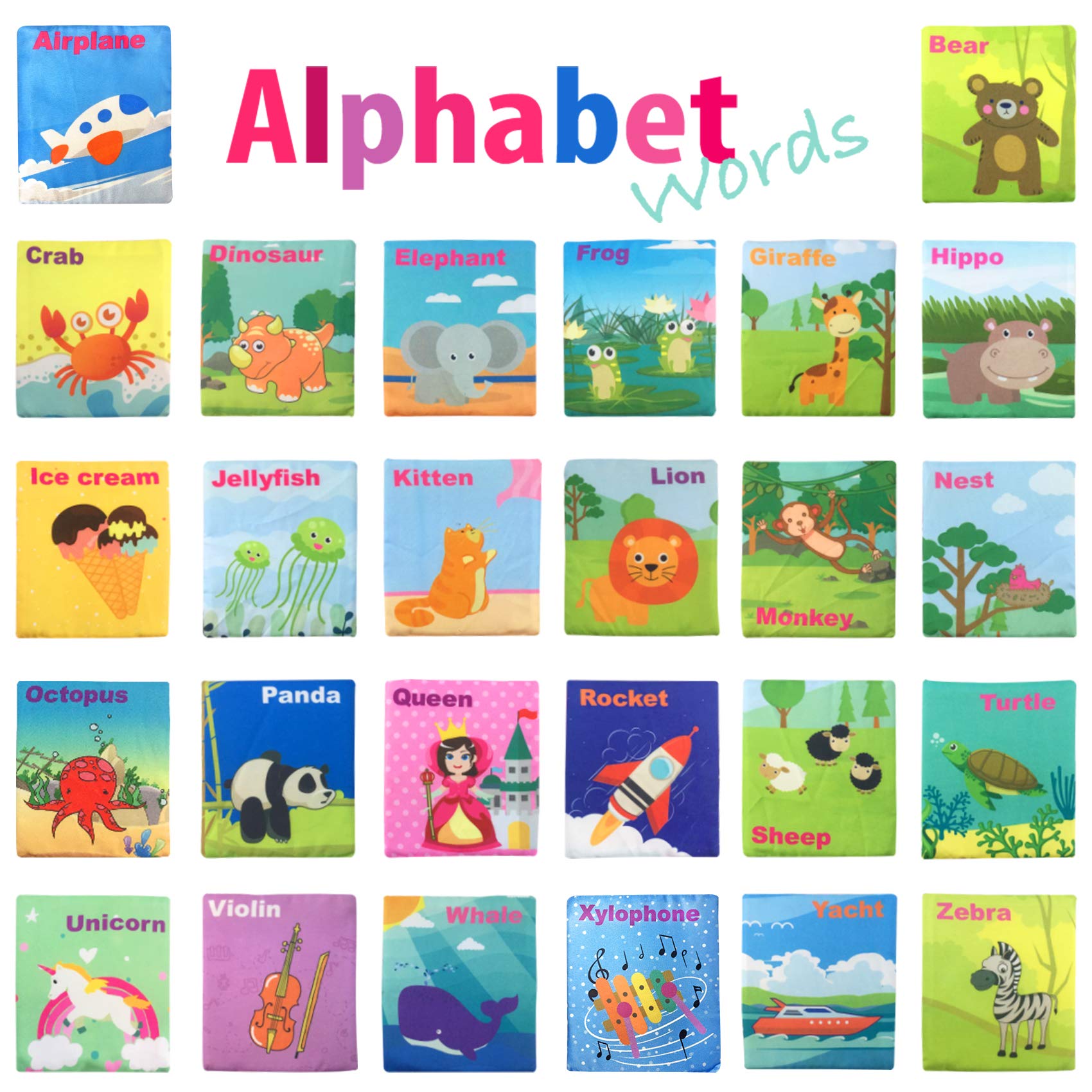 MoraBaby cloth storage bag keeps the alphabet cards organized for easy travel.