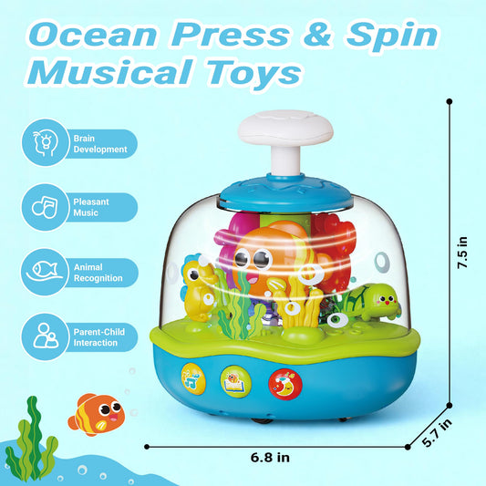 MoraBaby Ocean Toy press button-spin demonstrates cause-and-effect through spinning marine life.