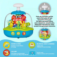 MoraBaby Ocean Toy spin close-up featuring rotating sea creatures for curious hands.