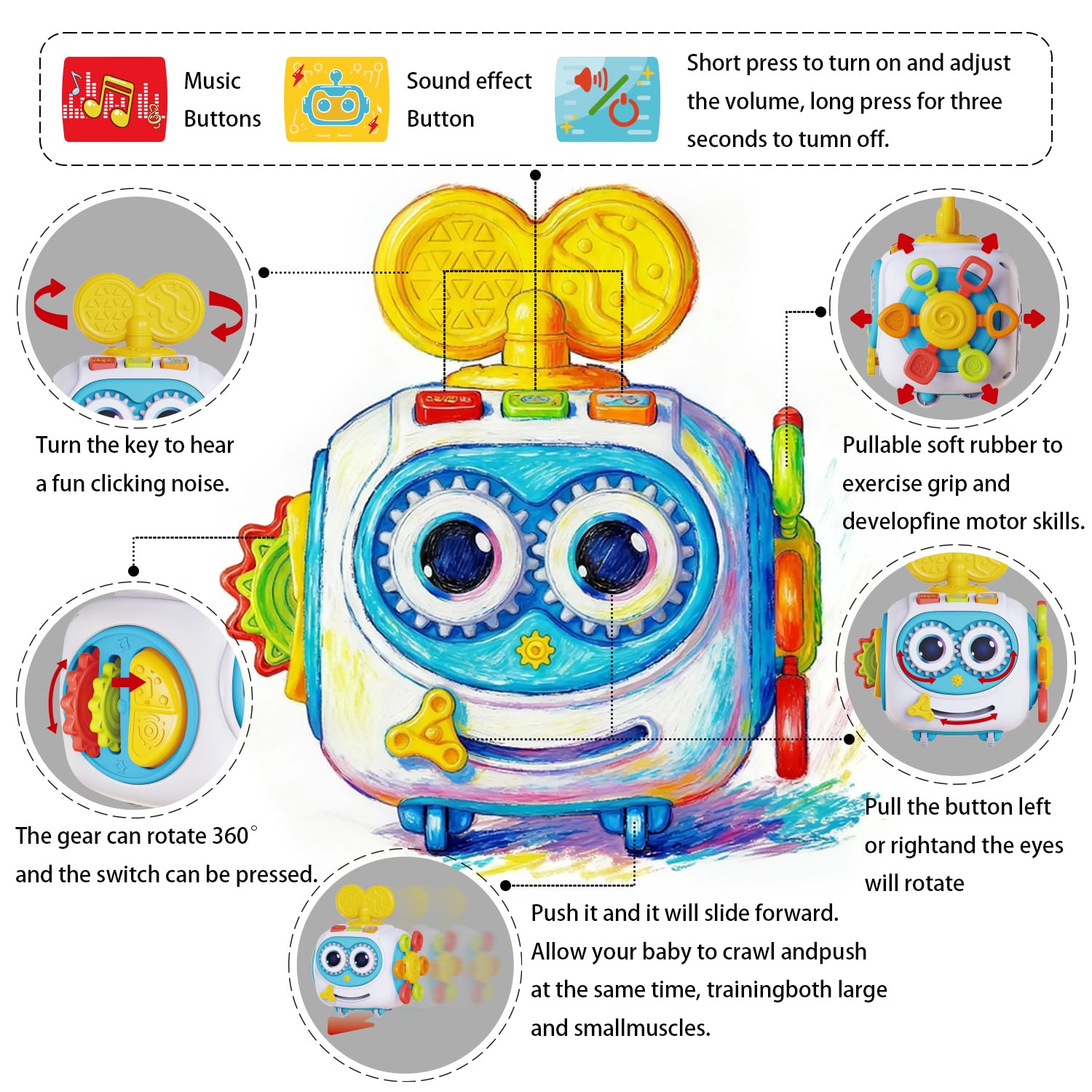 MoraBaby Robot Busy Cube wheels support gentle crawling and tummy time practice.