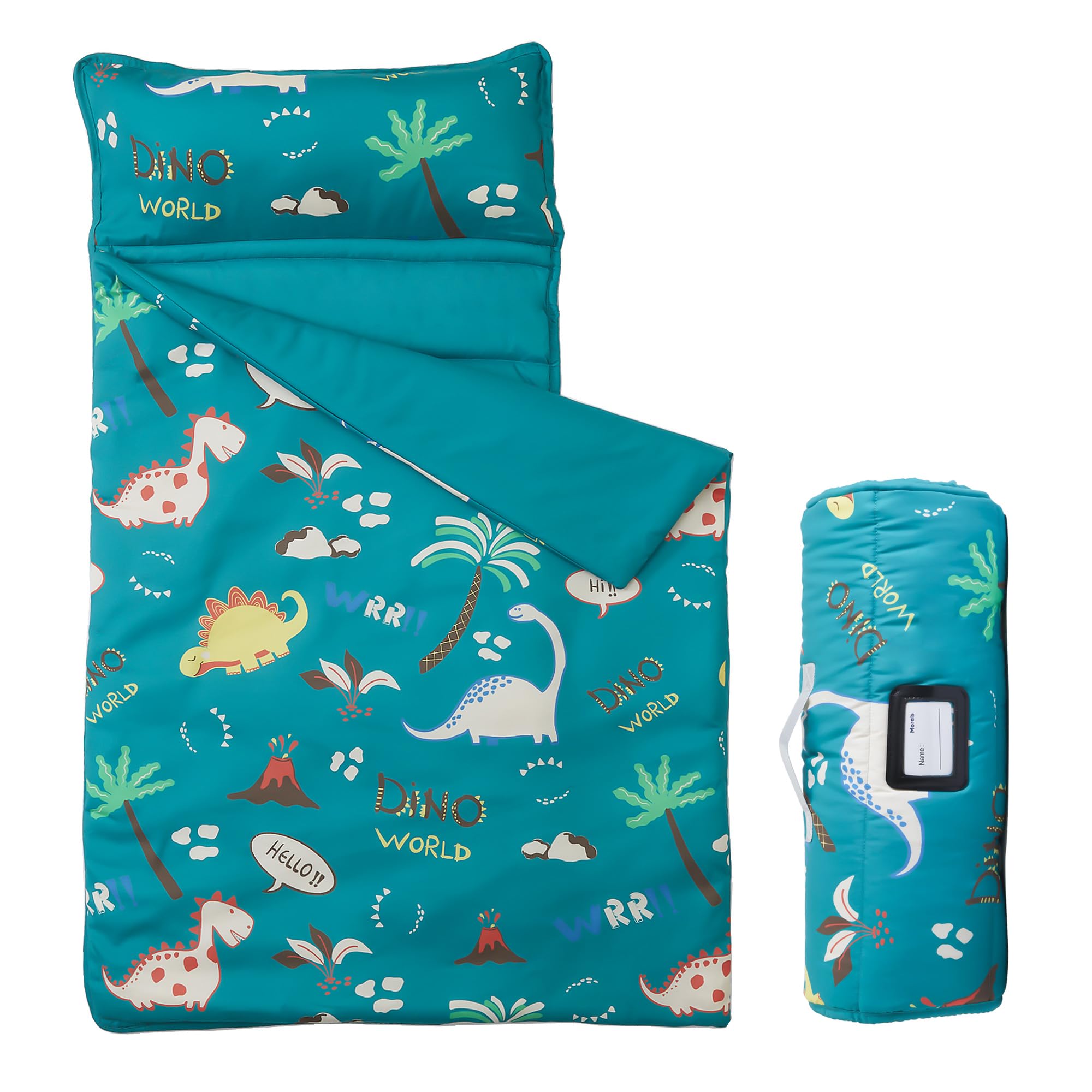 Morais toddler nap mat with pillow rolled for easy preschool transport
