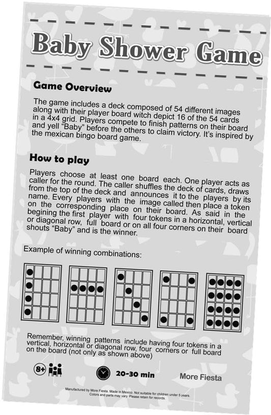 More Fiesta Baby Shower Bingo deck: 54 bilingual cards for English-Spanish play.