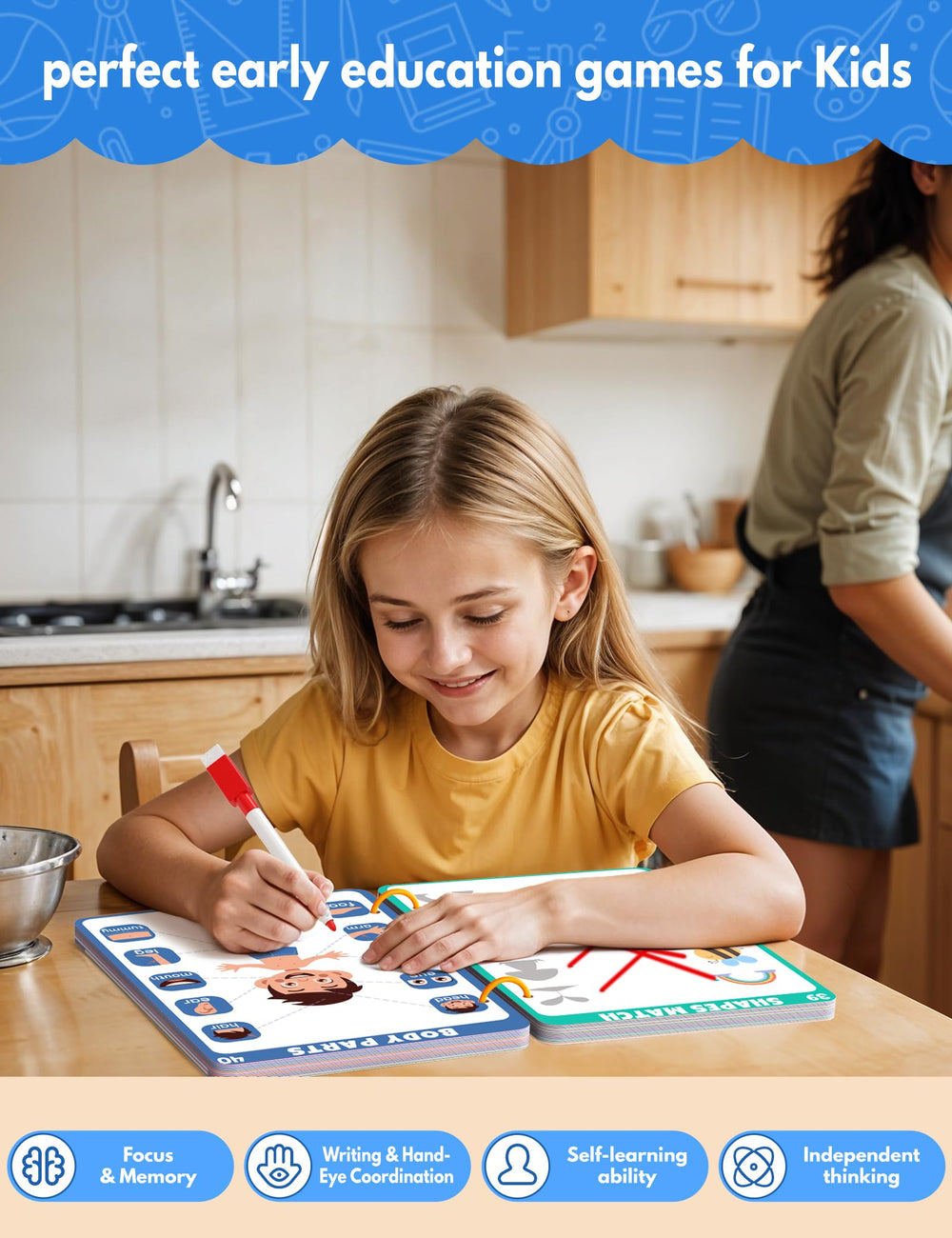 MORECOLL child using workbook promotes focus in quiet time and accessible learning.
