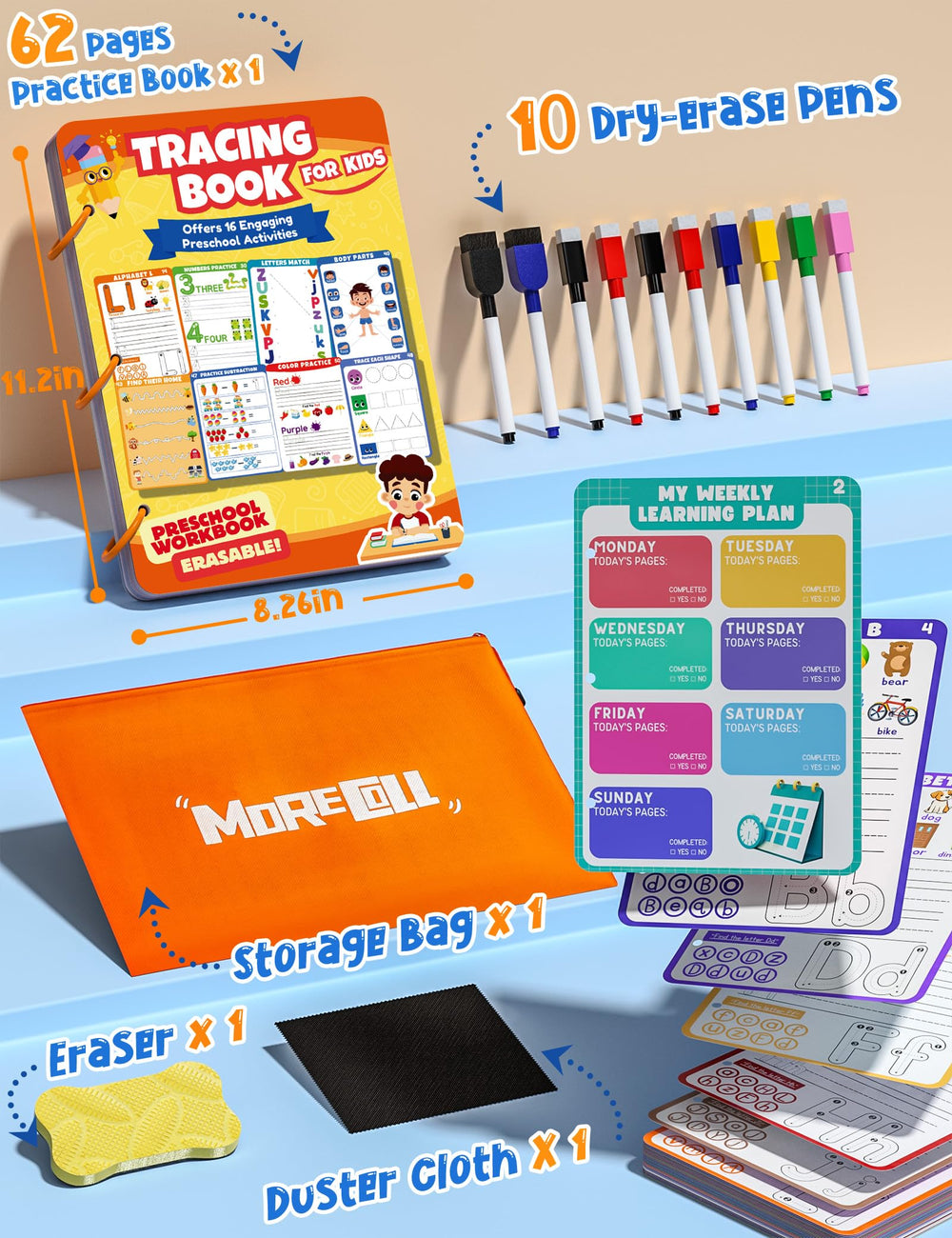 MORECOLL handwriting practice pages support pen control and early literacy skills.
