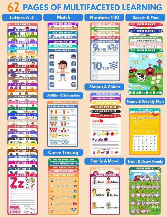 MORECOLL preschool activities pages open, with tracing and counting for early handwriting practice.