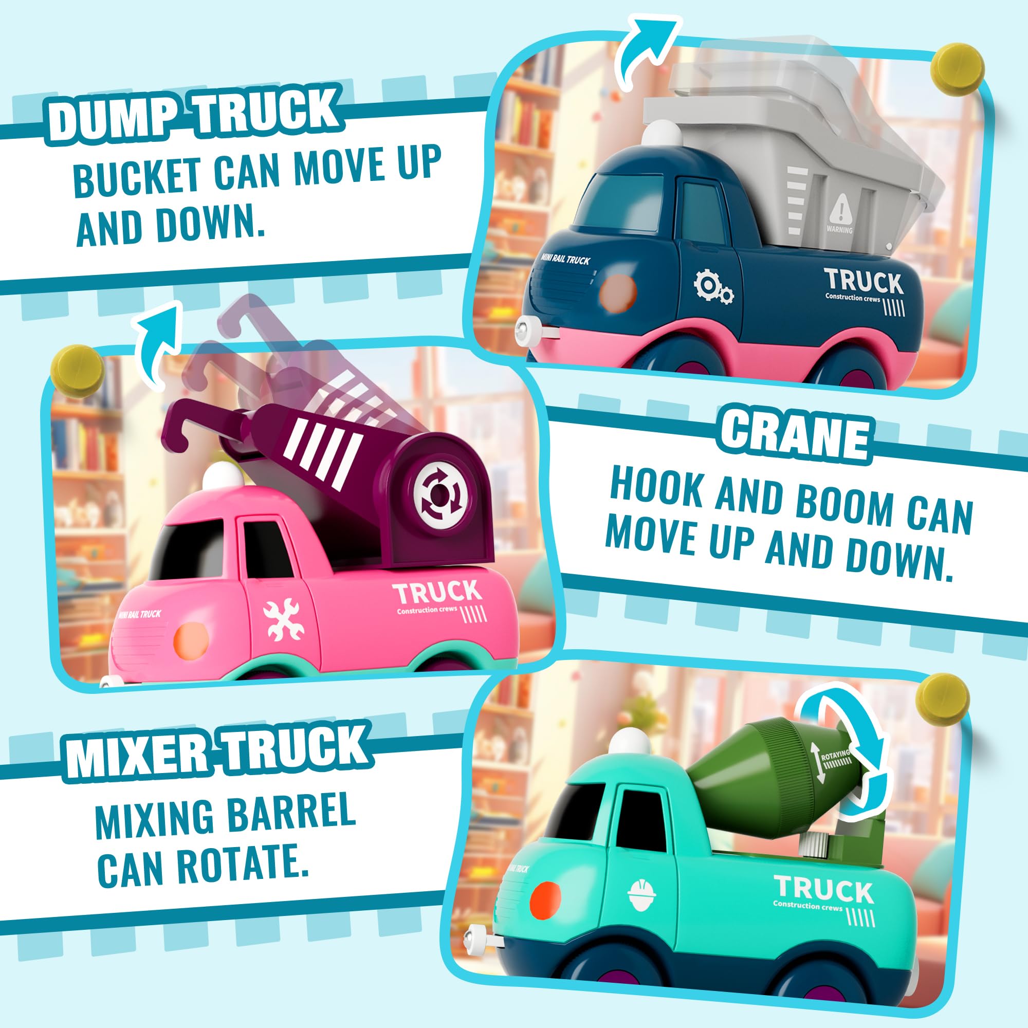MORECOLL train set crane motion enhances pretend construction and role-play adventures.