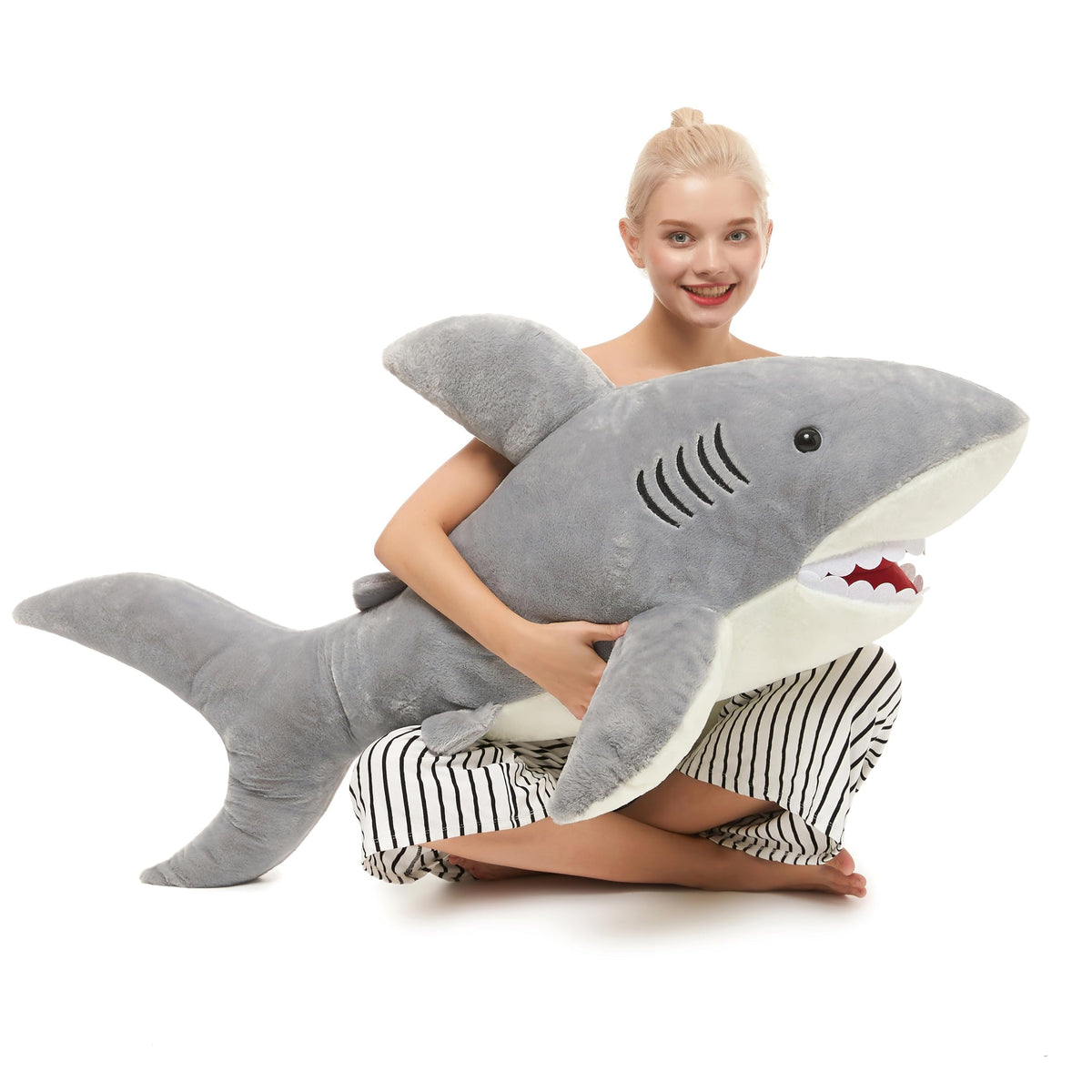 MorisMos 51-inch giant shark plush full body for imaginative play and cozy lounging.