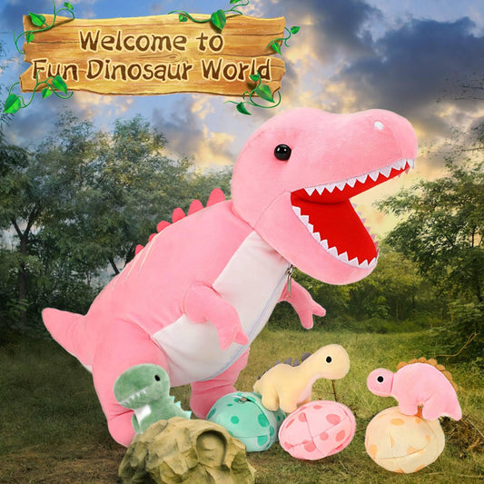 MorisMos pink mommy with three baby dinos and eggs for imaginative hatch-and-play.
