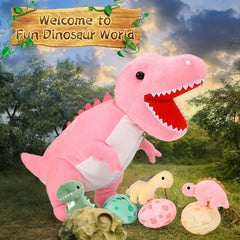 MorisMos pink mommy with three baby dinos and eggs for imaginative hatch-and-play.