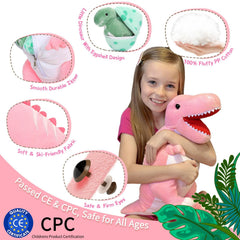 MorisMos pink-face T-rex plush with soft fabric for gentle hugs and easy cleaning.