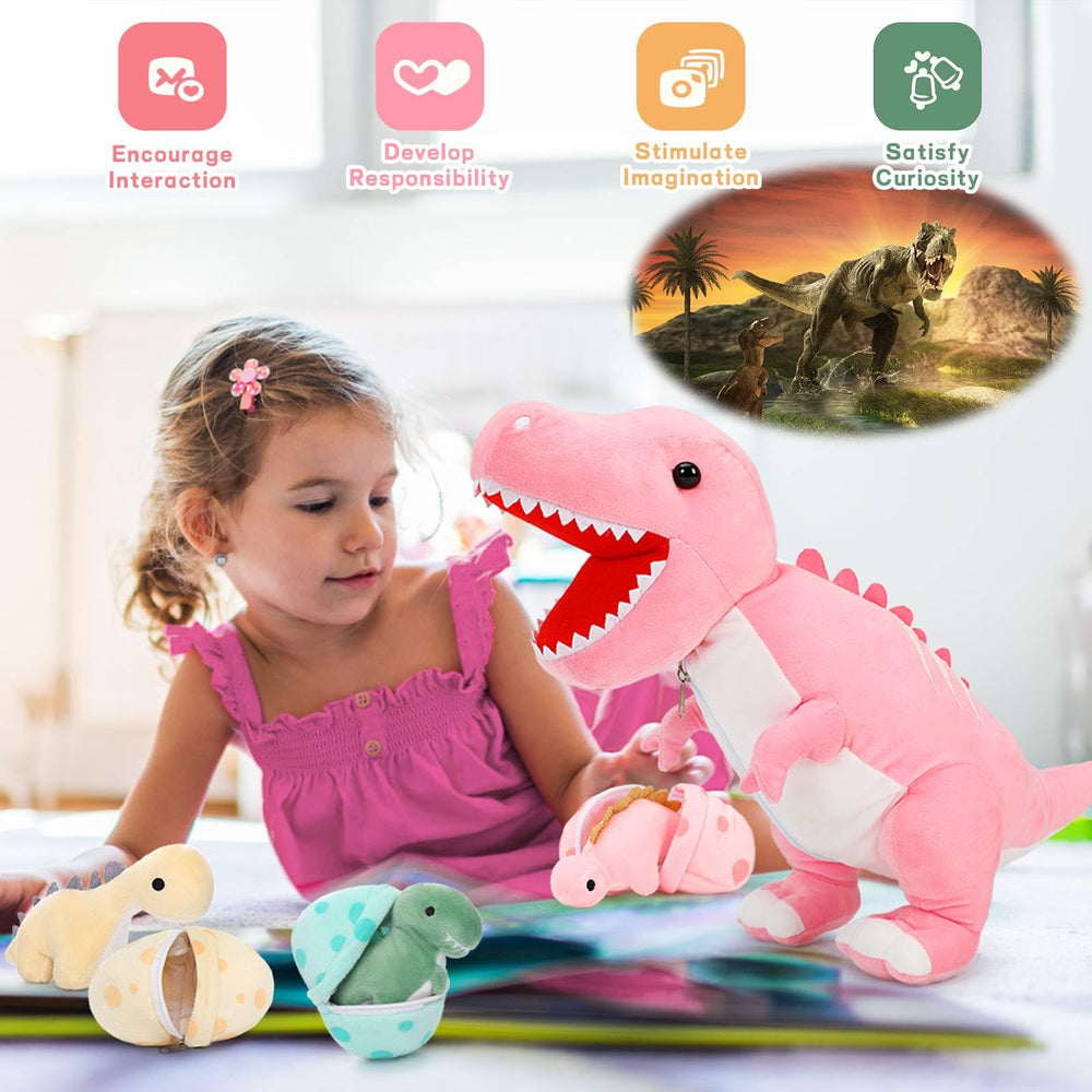 MorisMos pink T-rex plush with zipper belly to store eggs and tiny dinos.