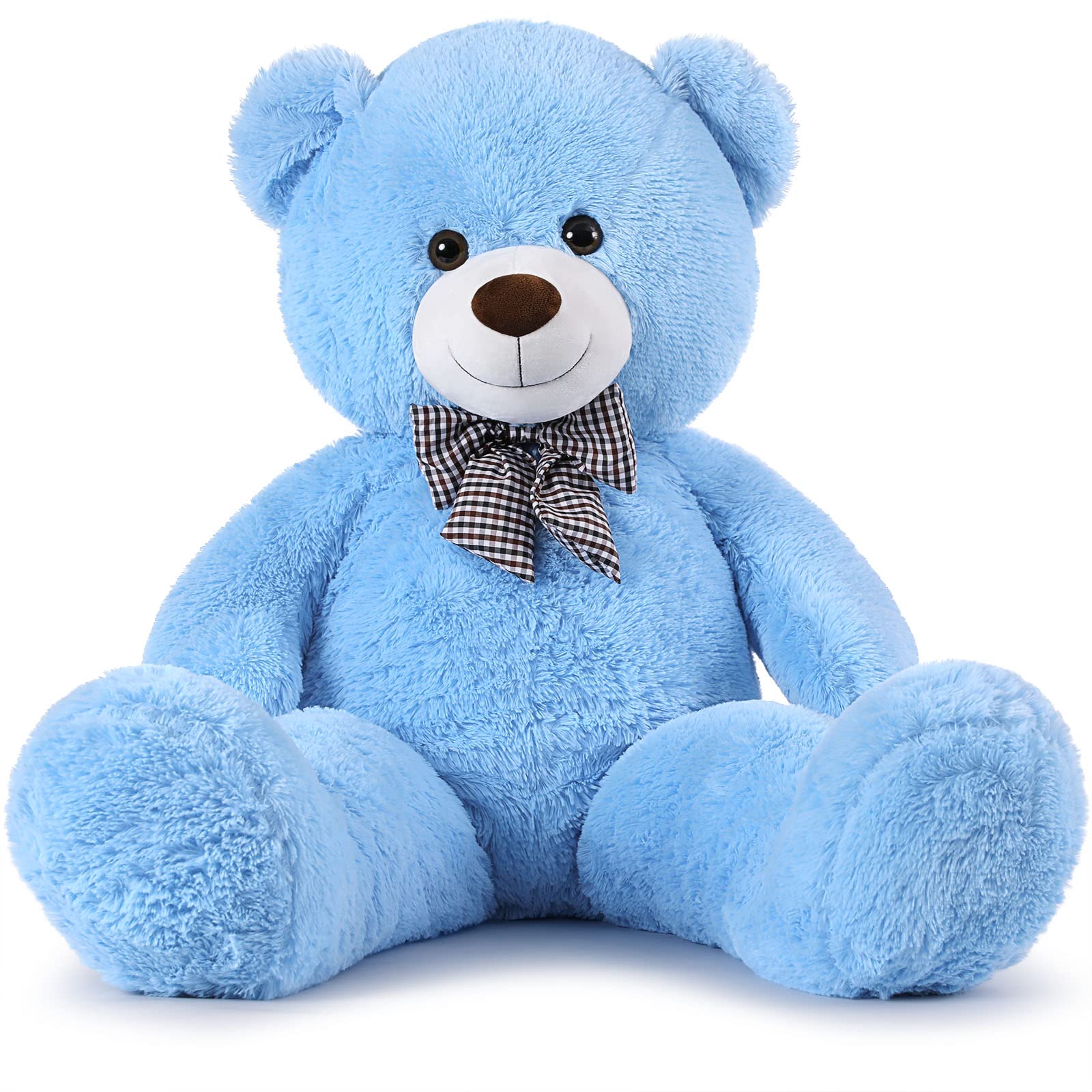 MorisMos giant blue teddy bear face close-up, inviting comforting hugs.