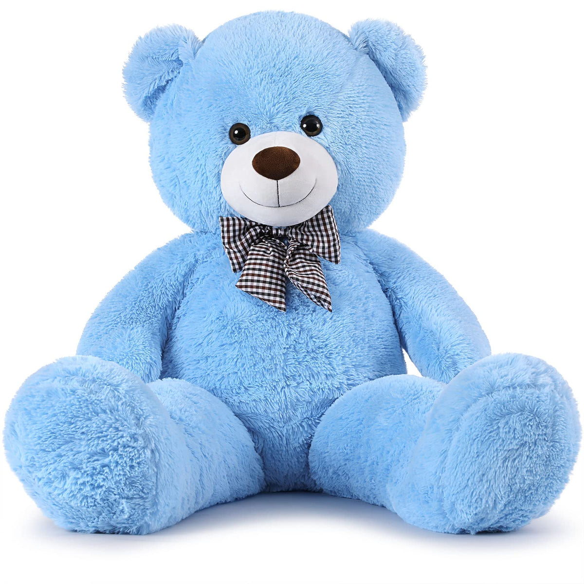 MorisMos giant blue teddy bear face close-up, inviting comforting hugs.