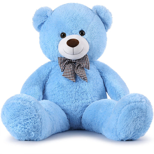 MorisMos giant blue teddy bear face close-up, inviting comforting hugs.