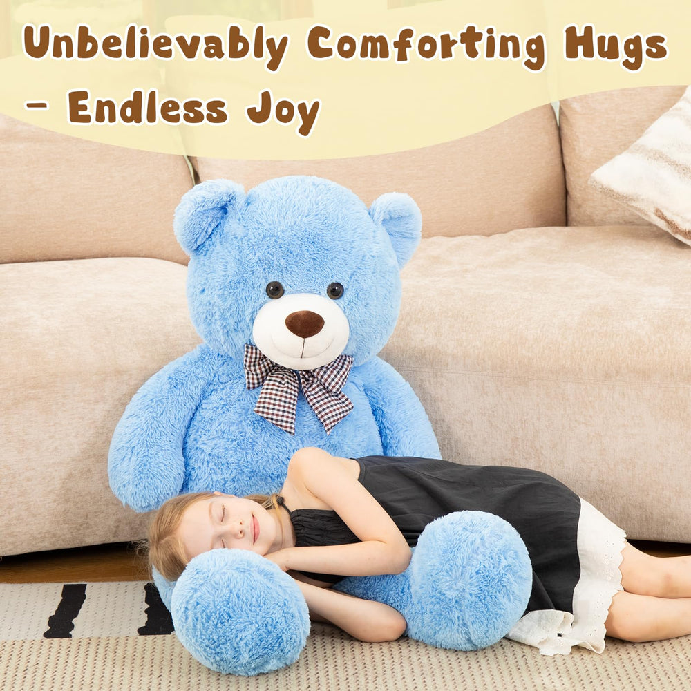 MorisMos blue giant teddy bear with open arms for warm snuggles.