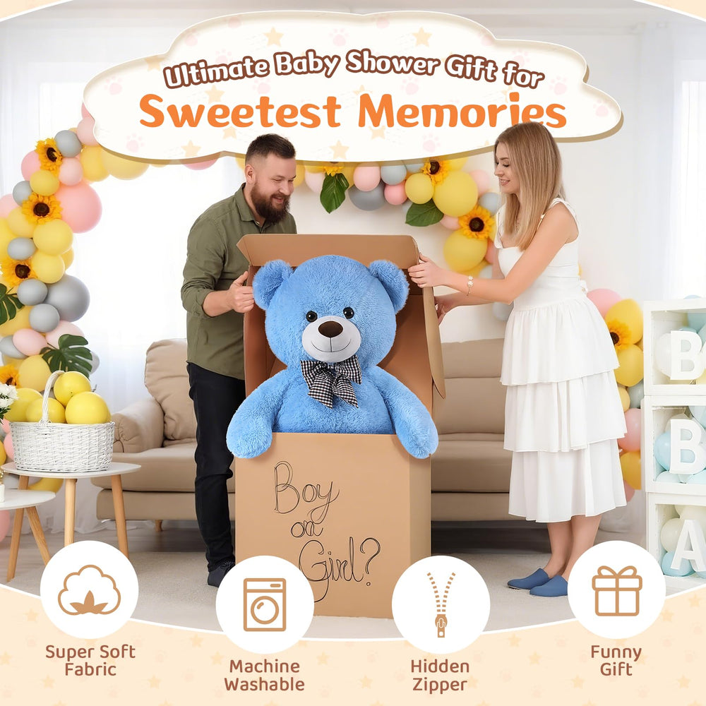 MorisMos blue giant teddy with child for bedtime comfort.