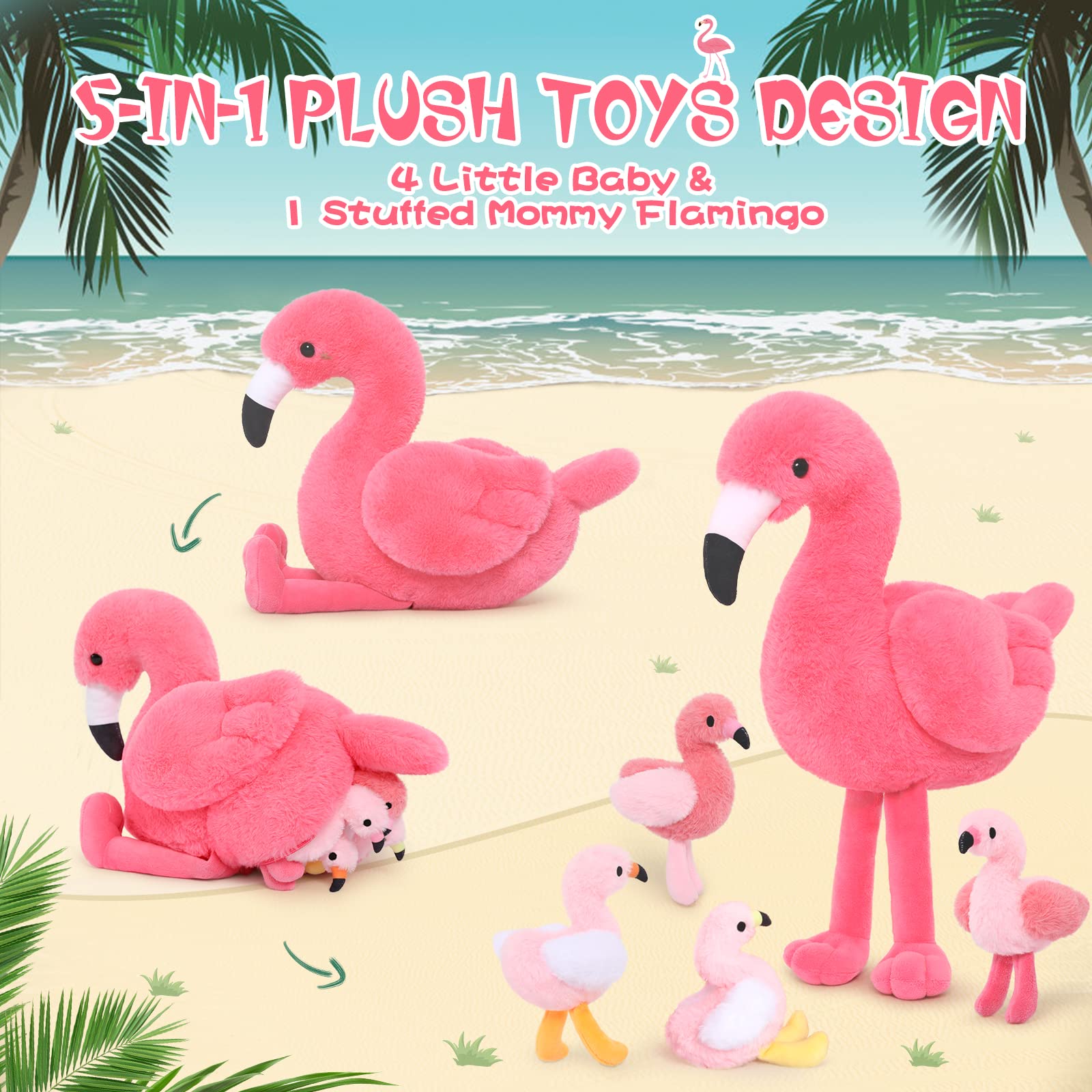 Four baby flamingos included for playful storytelling
