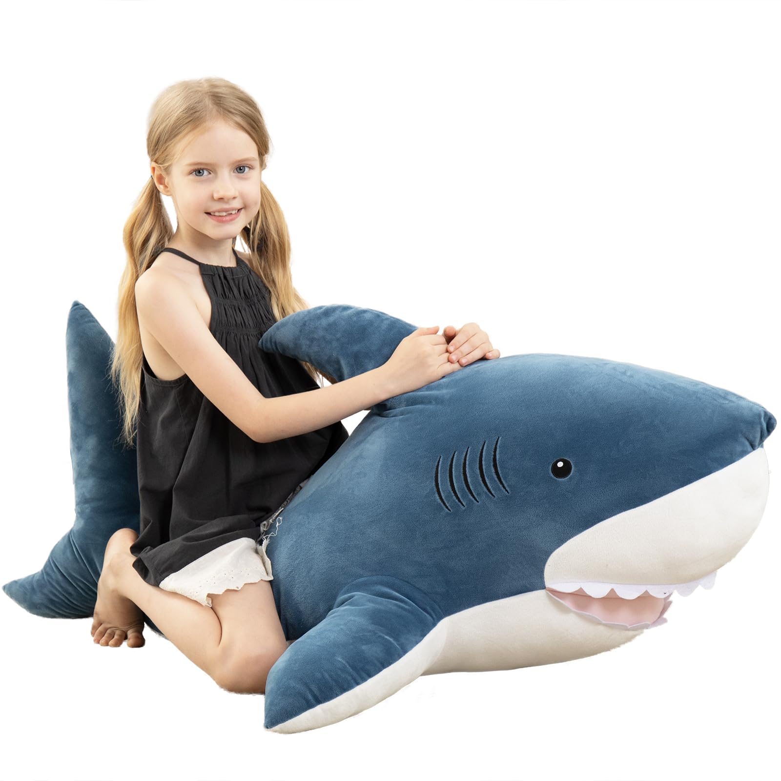 MorisMos 51-inch giant shark plush, blue-white, ideal cuddle for imaginative play.