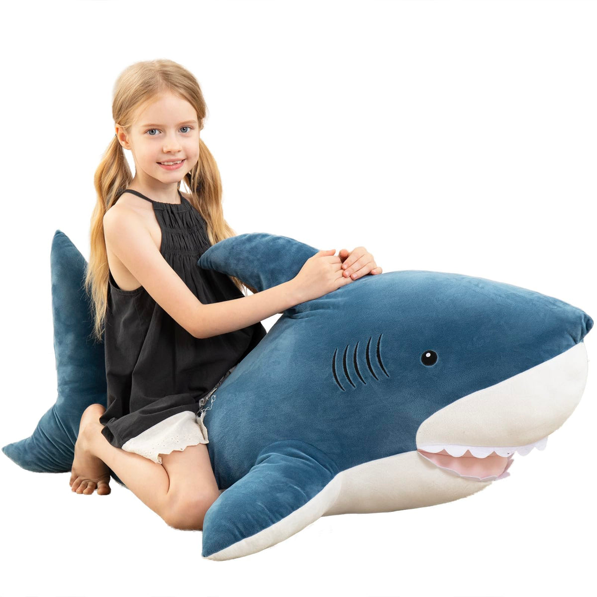 MorisMos 51-inch giant shark plush, blue-white, ideal cuddle for imaginative play.