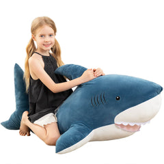 MorisMos 51-inch giant shark plush, blue-white, ideal cuddle for imaginative play.