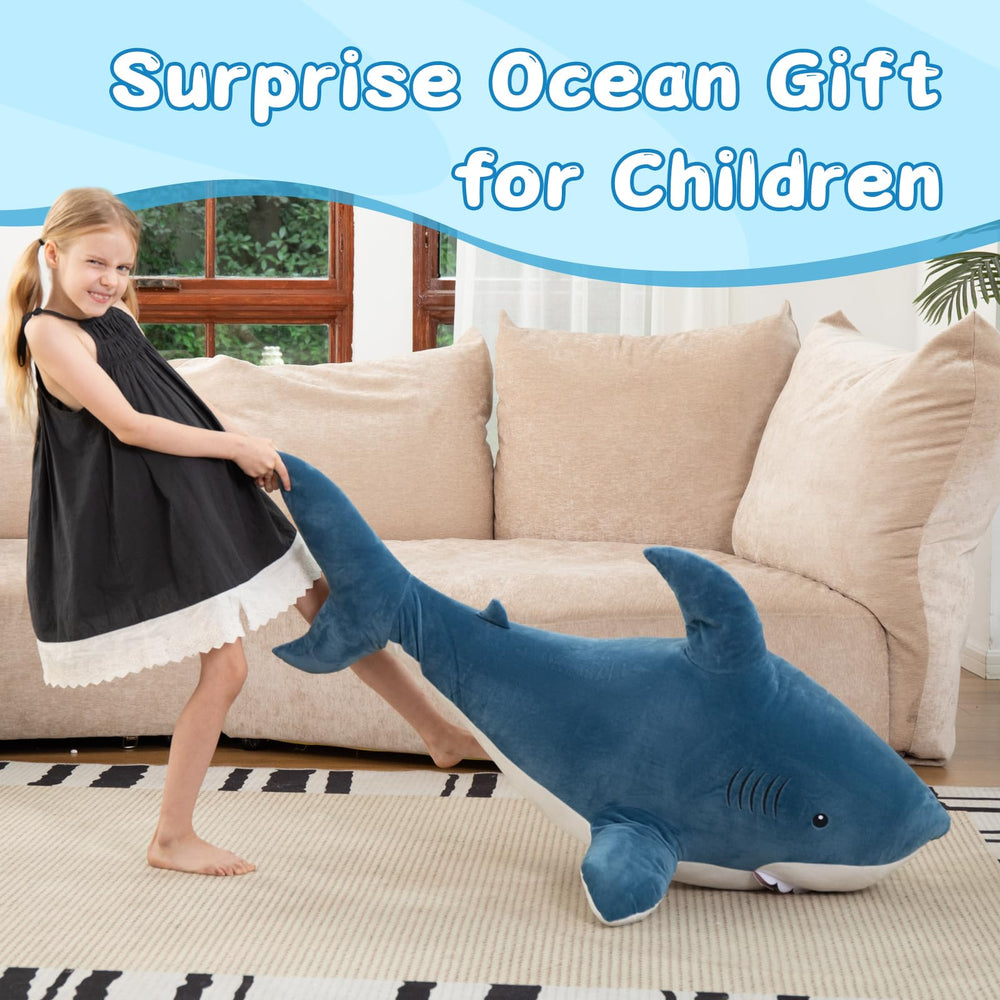MorisMos blue-white shark design plush highlighting lifelike features for curious kids.
