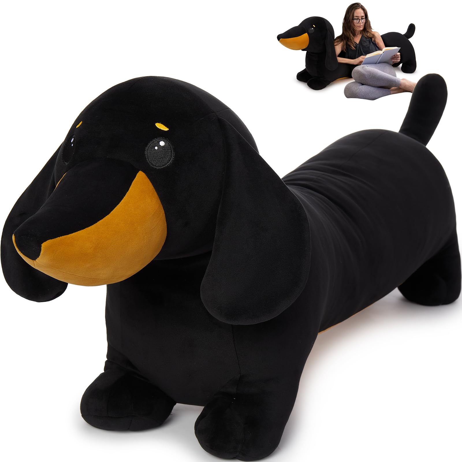 MorisMos dachshund plush 43-inch body for cozy hugs and decorative lounging.