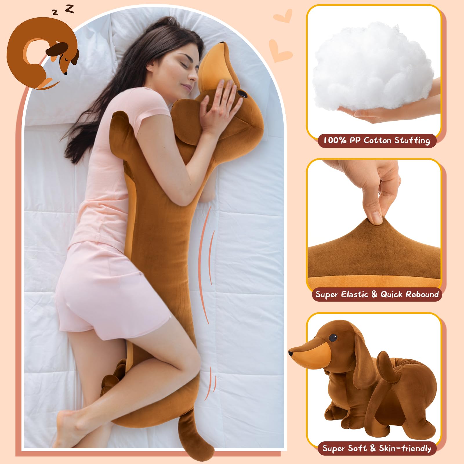 MorisMos sausage dog plush used as cozy travel pillow.