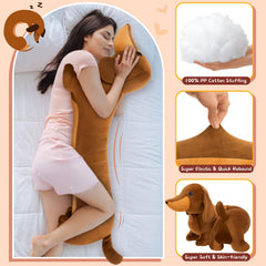 MorisMos sausage dog plush used as cozy travel pillow.